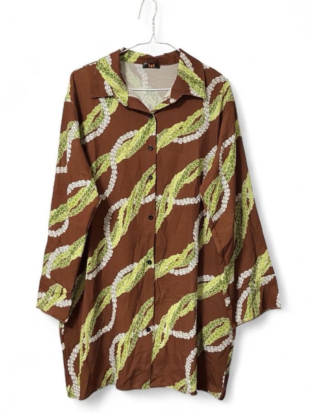 ALOHAS Brown Button-Up Top with Lime & White Chain Print